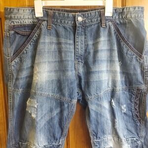 Copper Rivet Long Denim Shorts Men's Sz 40 Distressed Blue Below the Knee